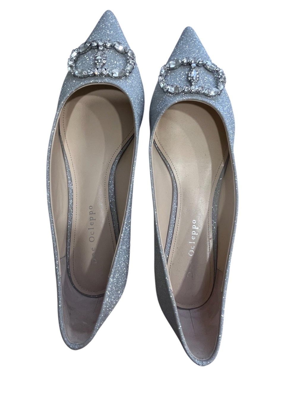Dee Ocleppo Silver Glitter Crystal Buckle Pointed Toe Flats Size 8.5